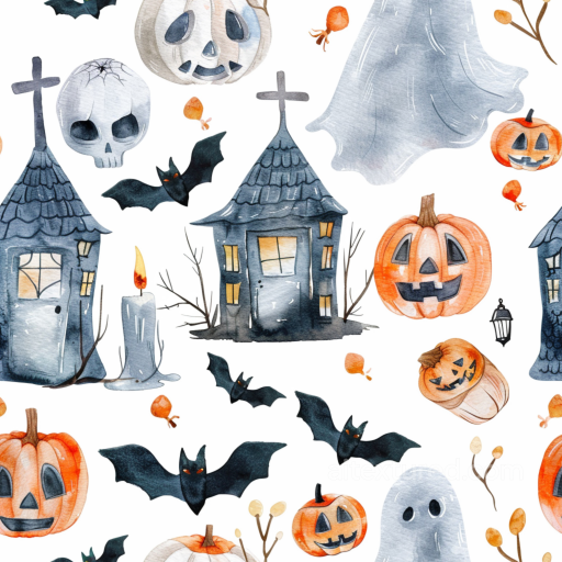 Watercolor Halloween Texture Featuring Pumpkins, Bats, and Spooky Houses seamless Watercolor Halloween PBR texture