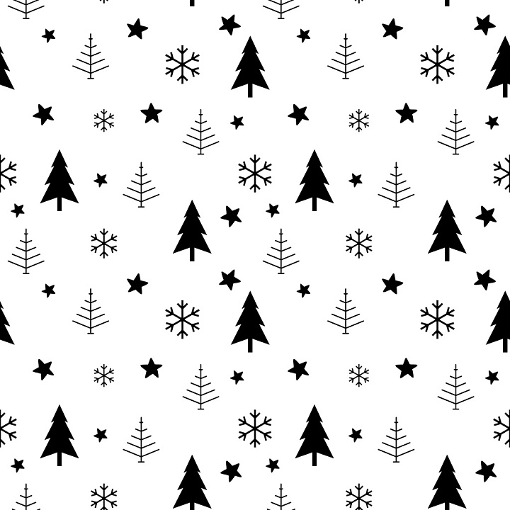 Pattern Featuring Christmas Trees, Snowflakes, and Stars in Black and W… seamless PBR texture preview