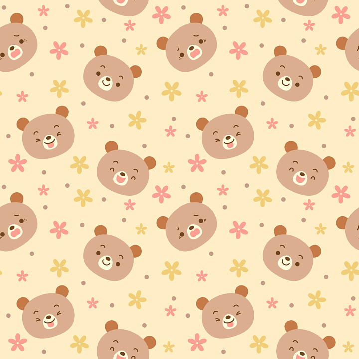 Pattern with Cute Bear Faces and Playful Flowers seamless PBR texture preview