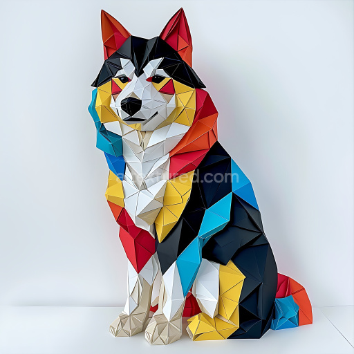 Seamless 3D PBR Texture of Origami-Inspired Canadian Eskimo Dog with Geometric Color Blocks
