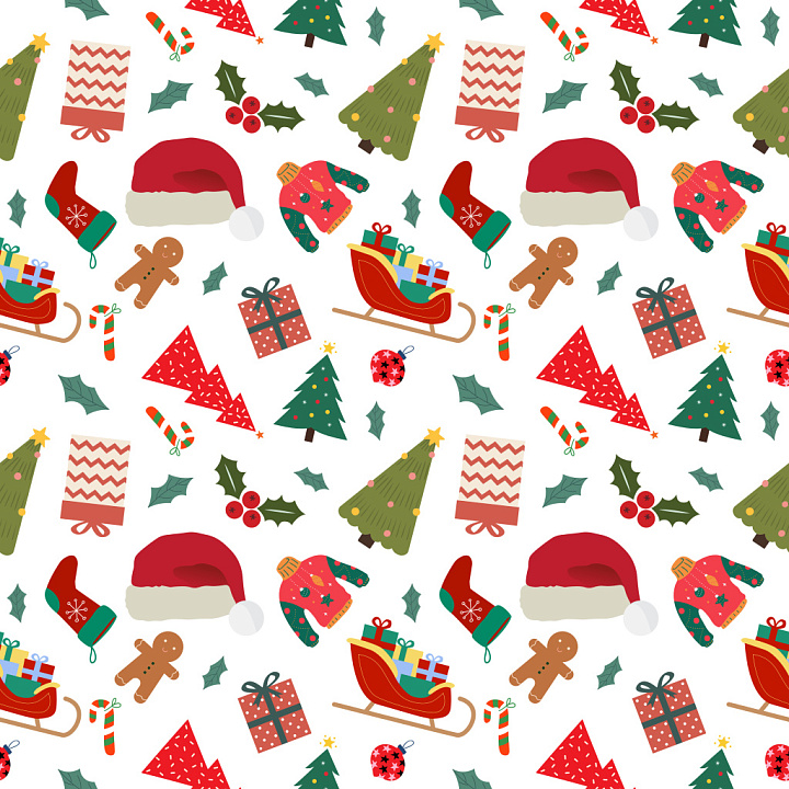 Pattern with Festive Christmas Motifs in Bright Color Palette seamless PBR texture preview