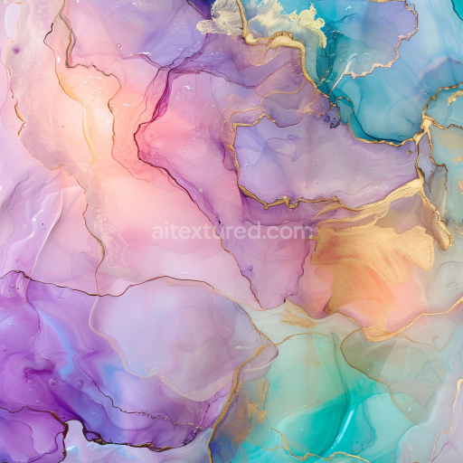 Seamless 3D Alcohol Ink PBR Texture Featuring Pastel Purple Hues and Elegant Gold Veining