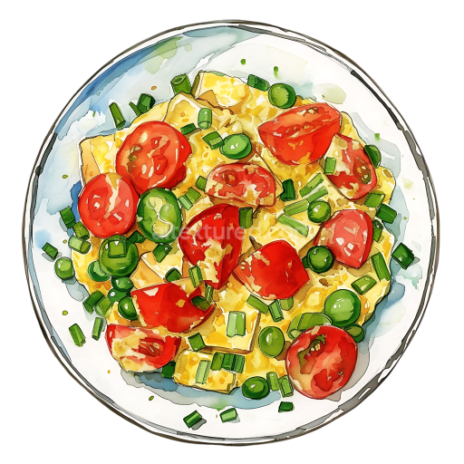 Bright Scrambled Tofu with Tomatoes and Green Onions Breakfast Illustration