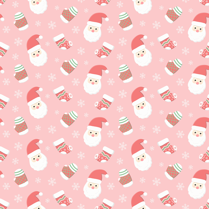 Featuring Cute Santa Heads, Mittens, Socks on Pink Background seamless PBR texture preview