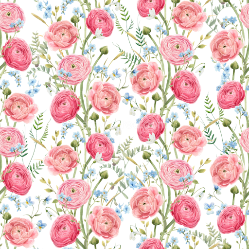 Seamless 3D PBR Texture of Pink Flower Pattern with Green Stems and Blue Accents