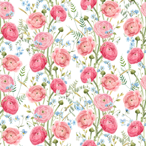 Pink Flower Pattern Seamless Texture with Green Stems and Blue Accents seamless Pink Flower PBR texture