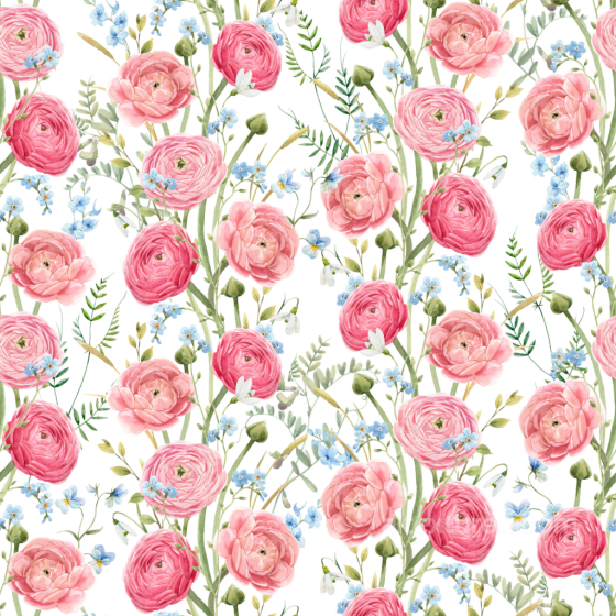 Pink Flower Pattern Seamless Texture with Green Stems and Blue Accents Pink Flower texture preview