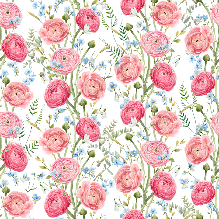 Pink Flower Pattern with Green Stems and Blue Accents seamless PBR texture preview