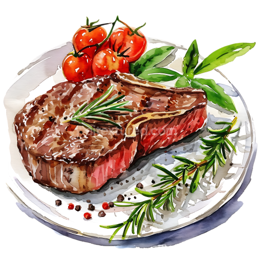 Watercolor Ribeye Beef Steak Breakfast with Tomatoes and Herbs Illustration