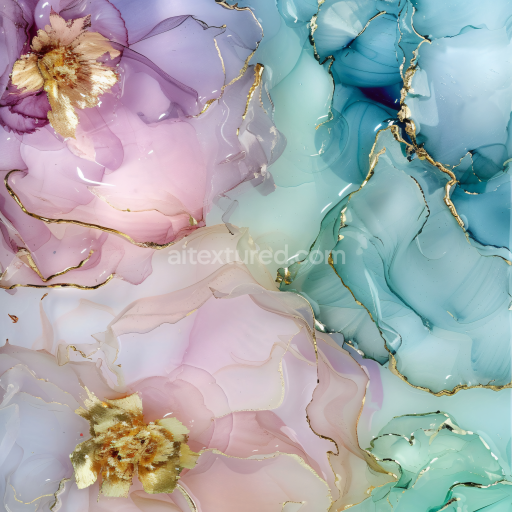 Seamless 3D Alcohol Ink PBR Texture Featuring Pastel Floral Movements with Gold Veins