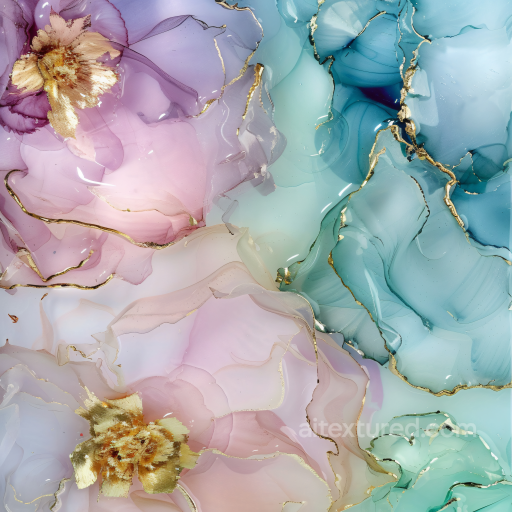 Alcohol Ink PBR Texture Featuring Pastel Floral Movements with Gold Veins seamless Alcohol ink PBR texture