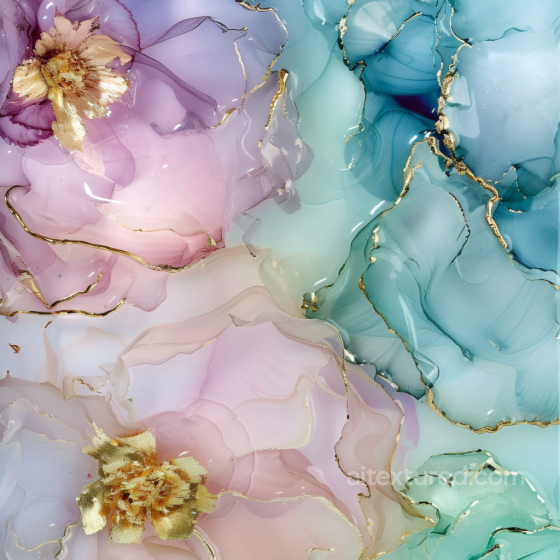 Alcohol Ink PBR Texture Featuring Pastel Floral Movements with Gold Veins Alcohol ink texture preview