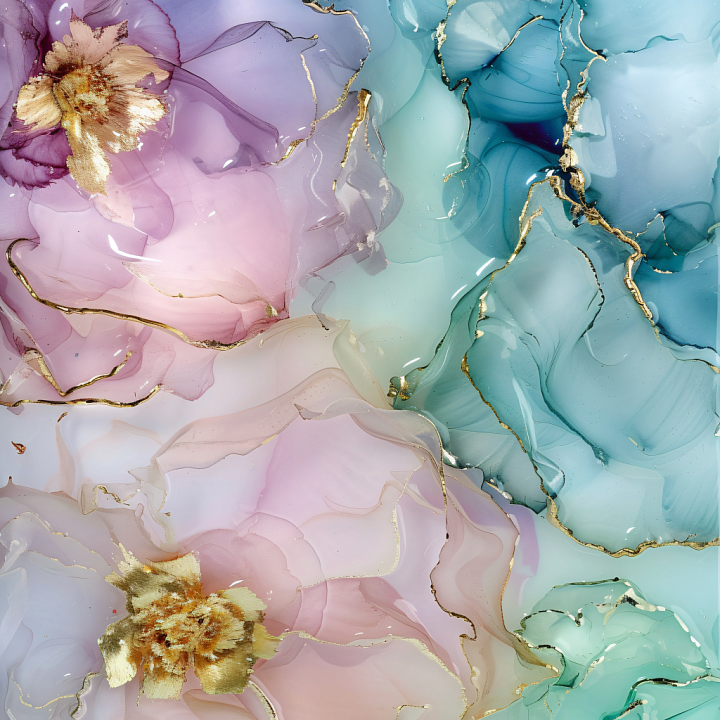 Alcohol Ink Featuring Pastel Floral Movements with Gold Veins seamless PBR texture preview