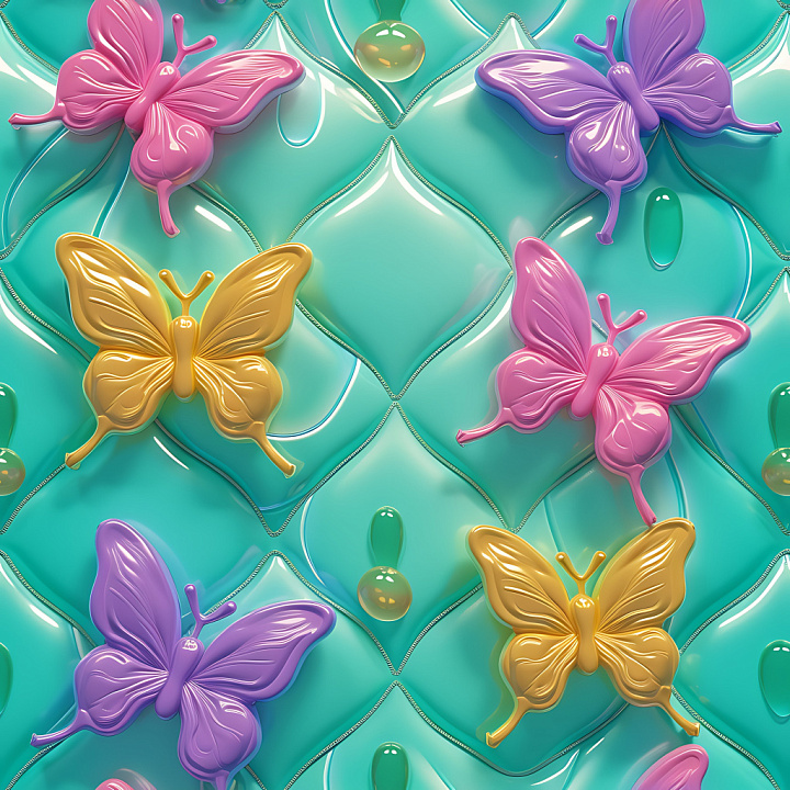 Inflated Vinyl Diamond Quilting with Glossy Butterflies seamless PBR texture preview