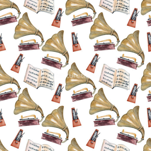 Seamless 3D PBR Texture of Vintage Music Scrapbook with Gramophones and Sheet Music