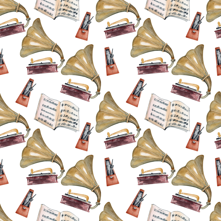 Vintage Scrapbook of Vintage Music Scrapbook with Gramophones and Sheet… seamless PBR texture preview