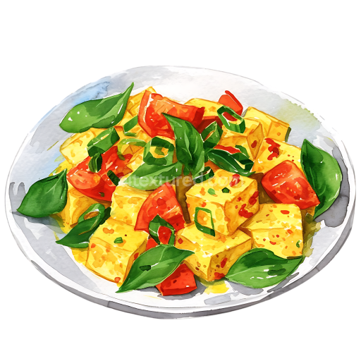 Scrambled Tofu Breakfast Plate with Fresh Vegetables Watercolor Illustration