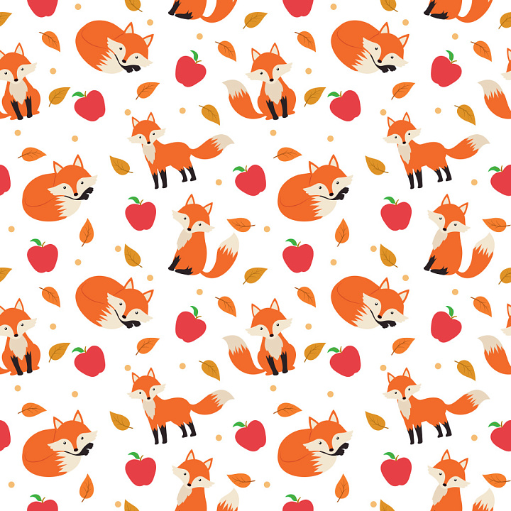 Pattern Featuring Cute Foxes, Apples, and Autumn Leaves seamless PBR texture preview