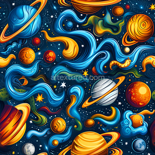 Seamless 3D Stylized Space PBR Texture Featuring Colorful Nebulae and Planets