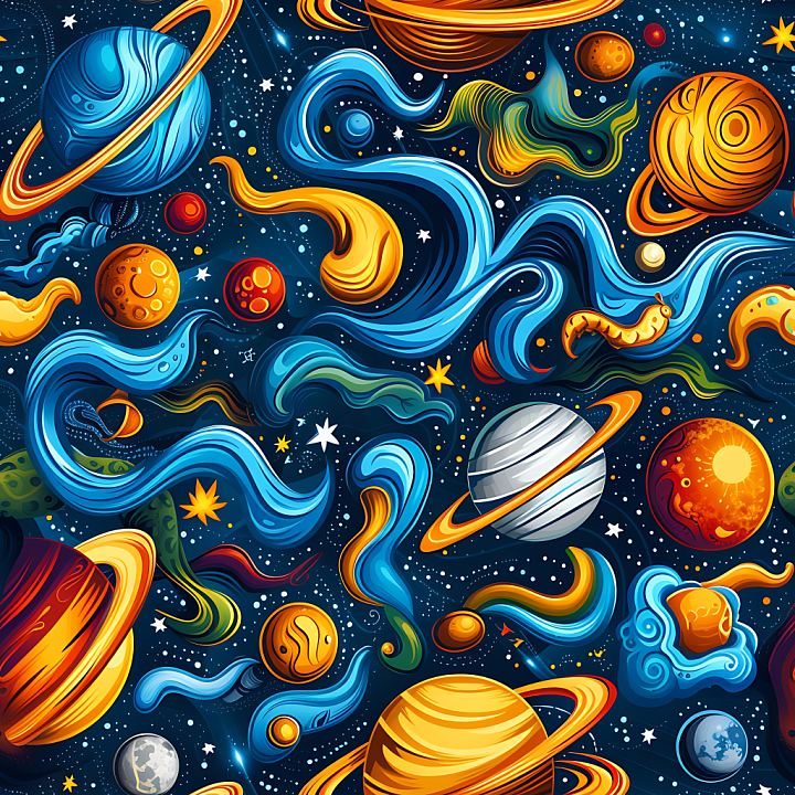 Stylized Space Featuring Colorful Nebulae and Planets seamless PBR texture preview