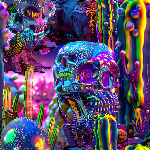 Seamless 3D PBR Graffiti Texture Featuring Neon Skull and Colorful Street Art