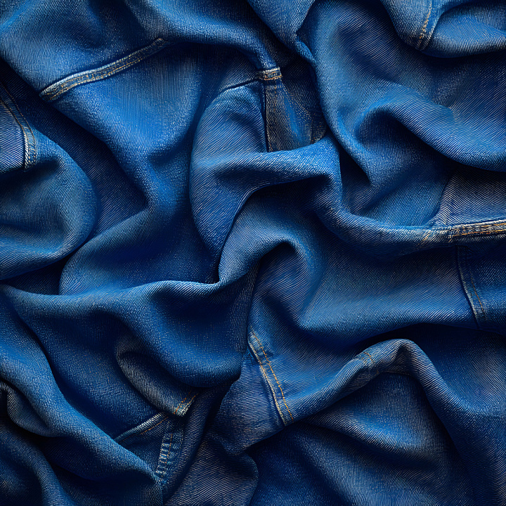 Wrinkled Denim Fabric with Blue Folds and Stitching seamless PBR texture preview