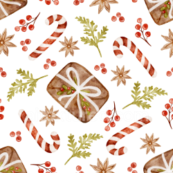 seamless Seamless 3D PBR Texture of Vintage Christmas Watercolor Pattern with Candy Canes and Gingerbread texture 8k free download PBR