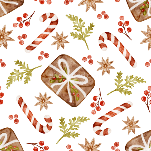 Seamless 3D PBR Texture of Vintage Christmas Watercolor Pattern with Candy Canes and Gingerbread