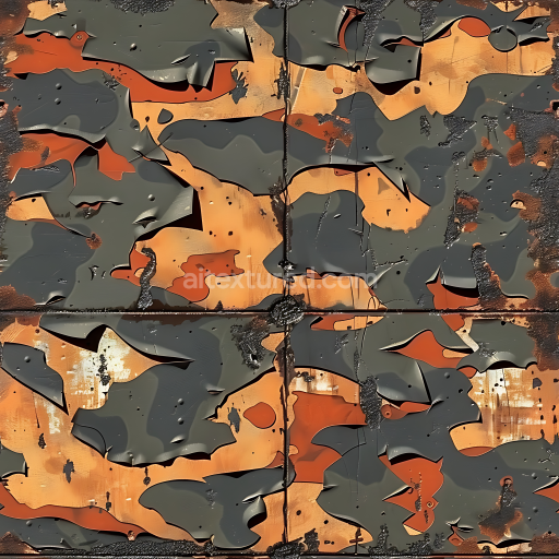 Seamless 3D PBR Urban Camouflage Texture on Worn, Rusted Metal Surface