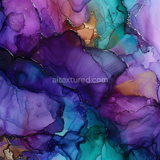 Seamless 3D Alcohol Ink PBR Texture Featuring Violet and Blue Fluid Swirls with Gold Veins