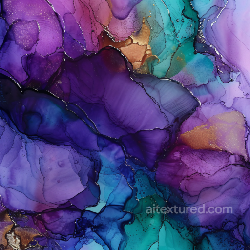 Alcohol Ink PBR Texture Featuring Violet and Blue Fluid Swirls with Gold Veins seamless Alcohol ink PBR texture