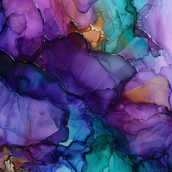 Alcohol Ink Featuring Violet and Blue Fluid Swirls with Gold Veins seamless PBR texture preview