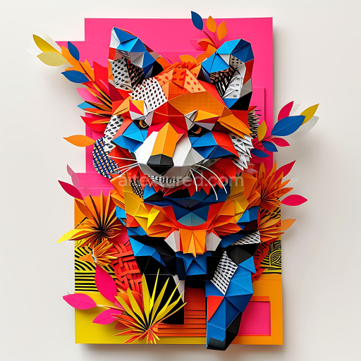 Seamless 3D PBR Texture of Vibrant Origami-Style Coati with Geometric Color Blocks
