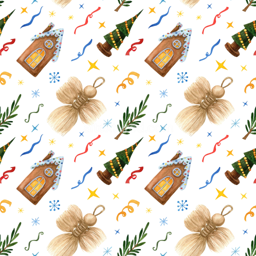 Seamless 3D PBR Texture Featuring Hand-Painted Christmas Houses, Trees & Ornaments