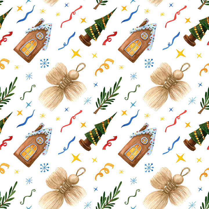 Christmas Digital Paper with Festive Gingerbread, Angels, and Trees seamless PBR texture preview