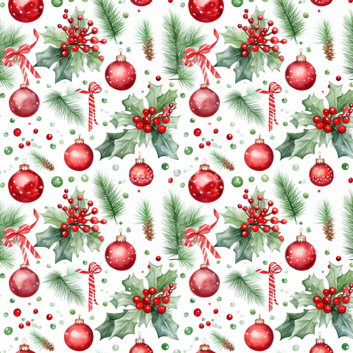 Seamless 3D PBR Texture Featuring Festive Christmas Watercolor Ornaments and Greenery