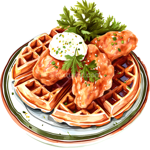 Watercolor Style Chicken and Waffles Breakfast Illustration with Herb Garnish