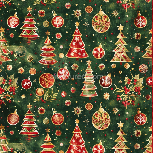 Seamless 3D PBR Texture of Christmas Digital Paper with Festive Trees and Ornaments