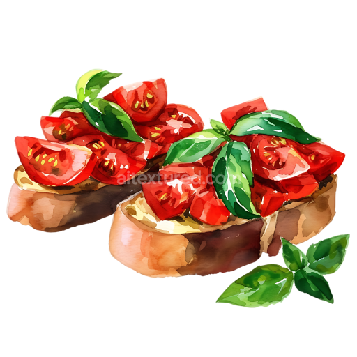 Watercolor Breakfast Bruschetta with Fresh Tomato and Basil Illustration