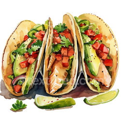 seamless Watercolor Baja Fish Tacos Breakfast Graphic with Fresh Veggies and Lime texture 8k free download PBR