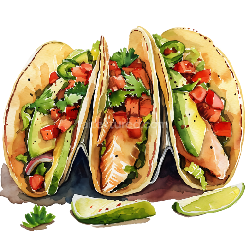Watercolor Baja Fish Tacos Breakfast Graphic with Fresh Veggies and Lime