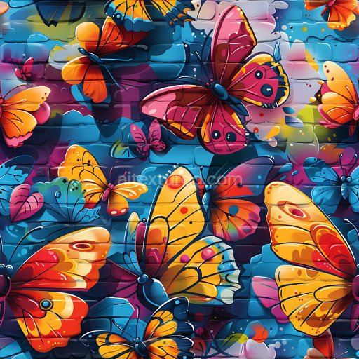 Seamless 3D PBR Graffiti Texture Featuring Colorful Butterfly Mural on Brick