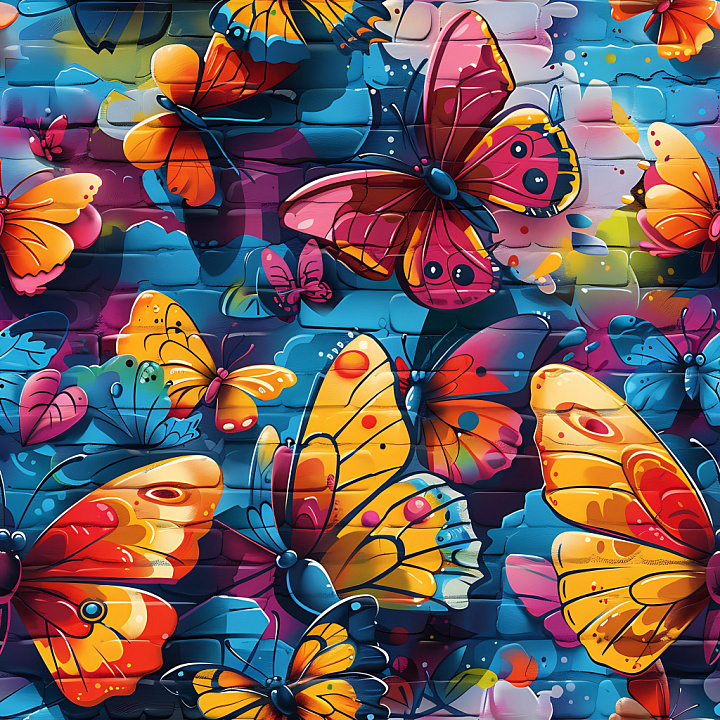 Graffiti Featuring Colorful Butterfly Mural on Brick seamless PBR texture preview