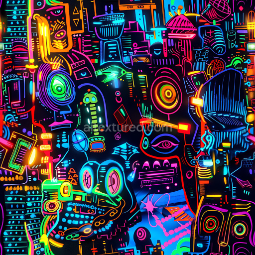 Seamless 3D PBR Texture Featuring Vibrant Neon Graffiti with Abstract Urban Motifs