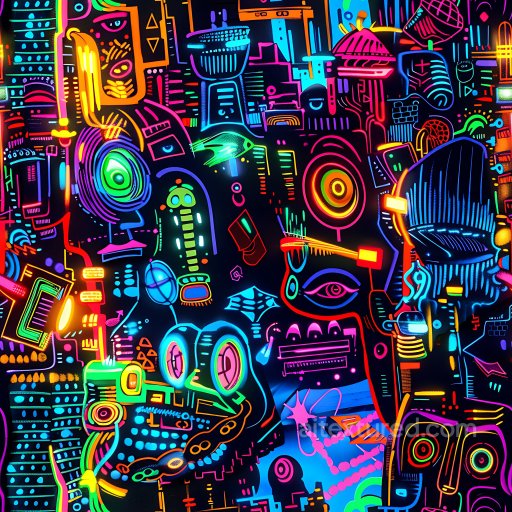 Seamless 3D PBR Texture Featuring Vibrant Neon Graffiti with Abstract Urban Motifs texture preview