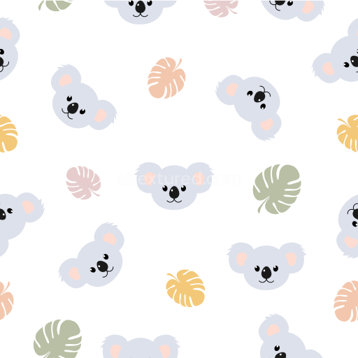 Seamless 3D PBR Texture with Cute Koala Faces and Colorful Tropical Leaves