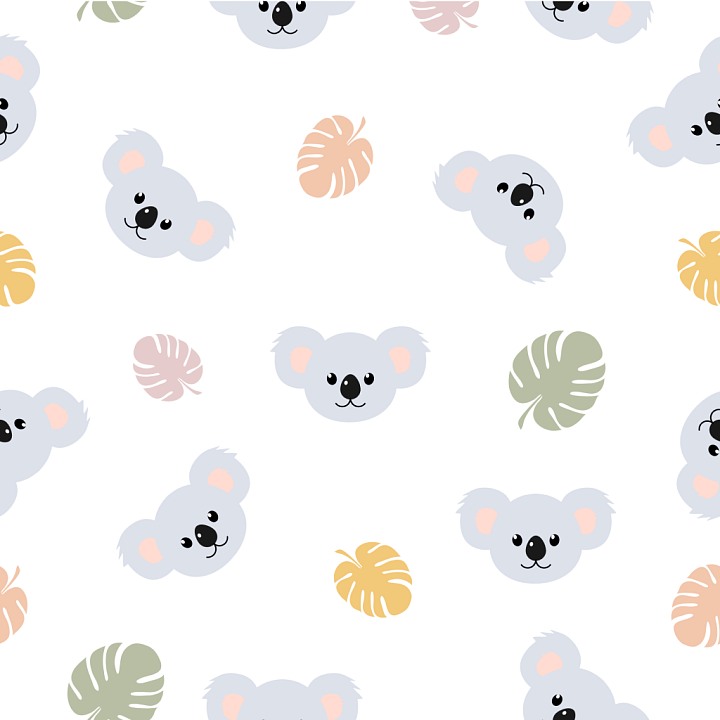 with Cute Koala Faces and Colorful Tropical Leaves seamless PBR texture preview