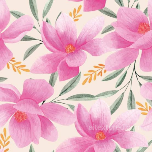 Featuring Soft Pink Watercolor Flowers with Green Leaves seamless Pink Flower PBR texture