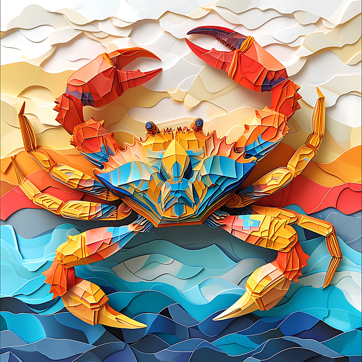 Crab Origami Style Animal in Vibrant Orange and Blue seamless PBR texture preview