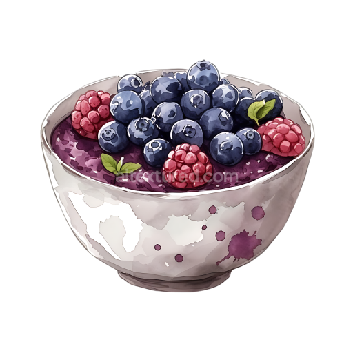 Breakfast Bowl of Black Rice Porridge Topped with Blueberries and Raspberries Illustration